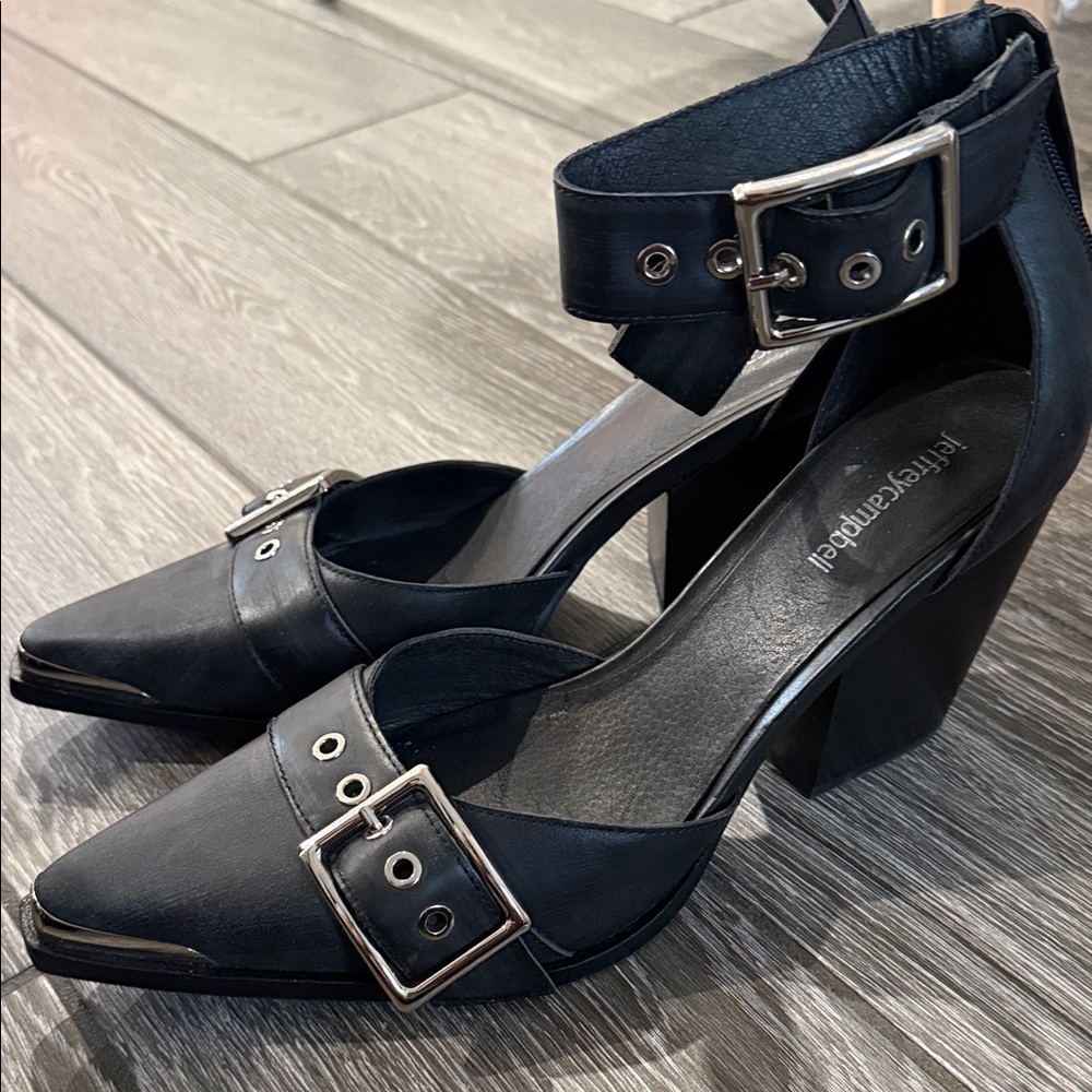 Black Buckle Pointed-Toe Block Heel Pumps - Jeffrey Campbell